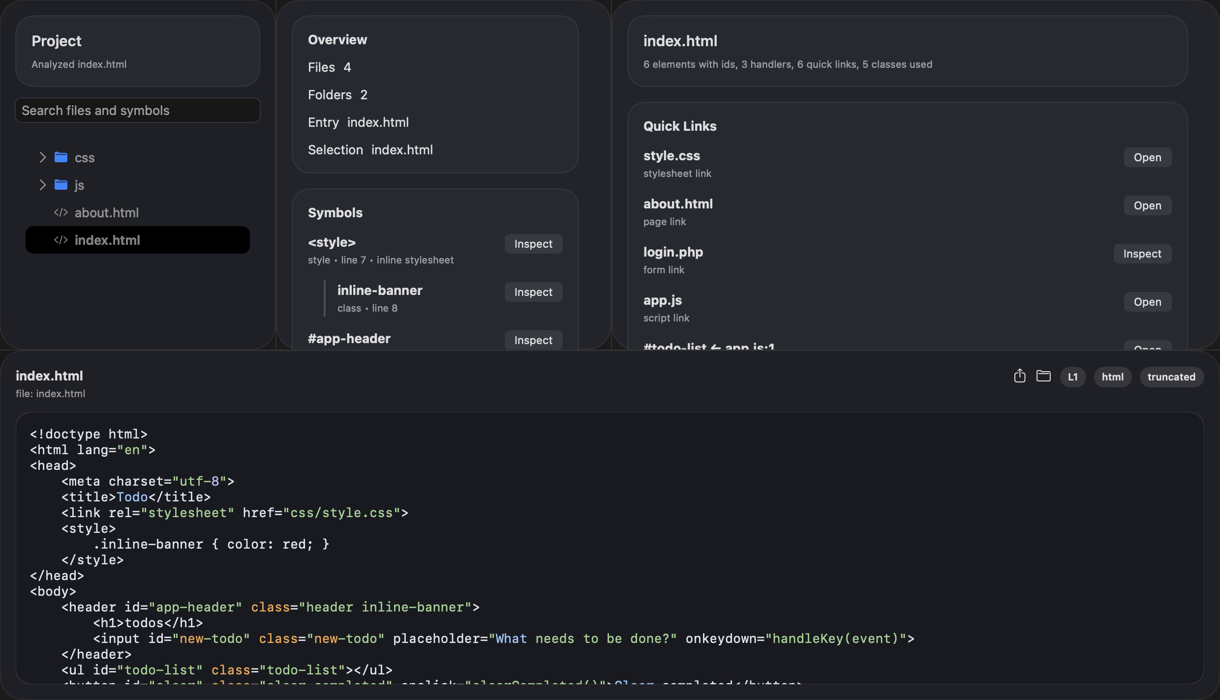 HTML elements and links to stylesheets, scripts and other pages