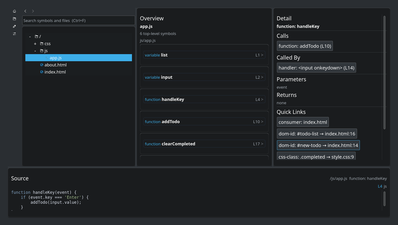 LumenCode on Linux showing the project tree, symbols and source details