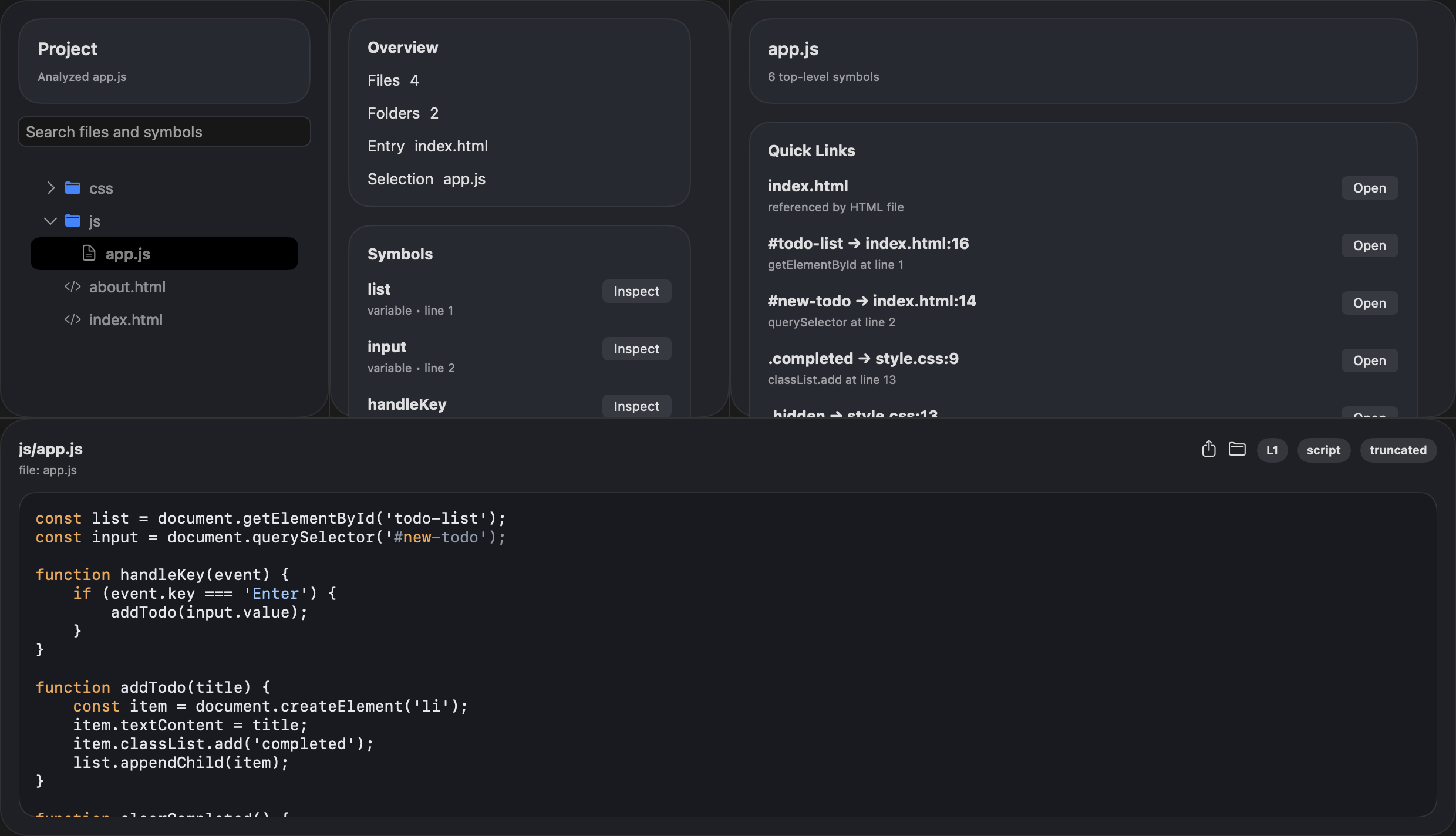 LumenCode on macOS exploring JavaScript and links to related files