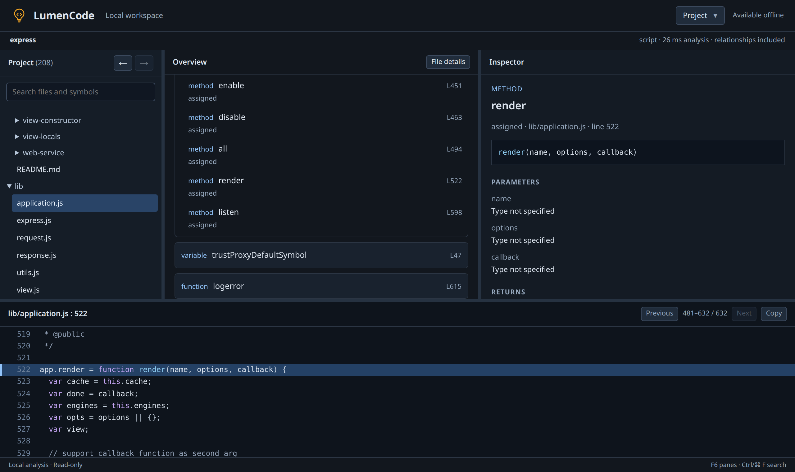 LumenCode in a web browser showing the project tree, JavaScript symbols and source