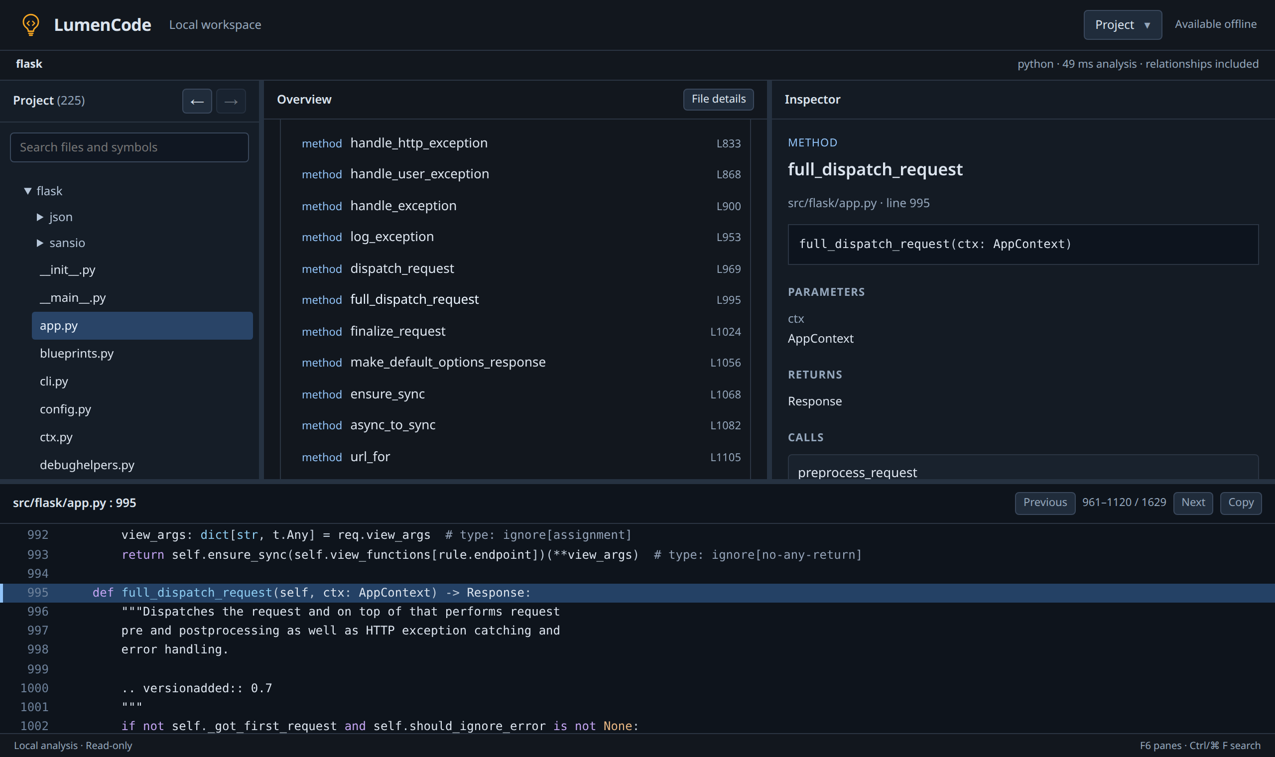 LumenCode in a web browser showing a Python method with its parameters, return type and calls