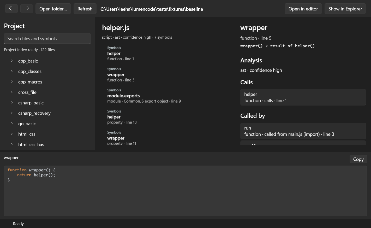 LumenCode on Windows showing symbols and a syntax-coloured source preview